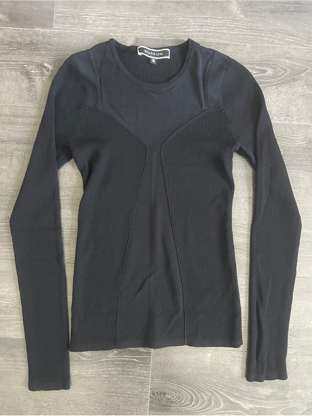 Melanie Lyne Black Ribbed Long Sleeve Top Semi Sheer Yoke / Size XS